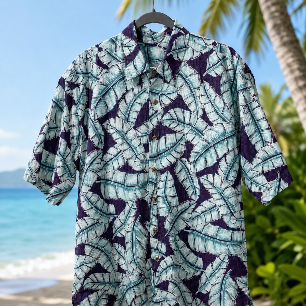 Cooke Street Honolulu Hawaiian Shirt Men's Large Purple Teal Palm Leaf Button Up
